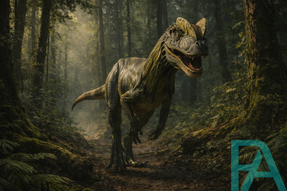 Cinematic sideview of a Dilophosaurus with twin crests, showing detailed skin texture and sharp teeth in a misty prehistoric forest