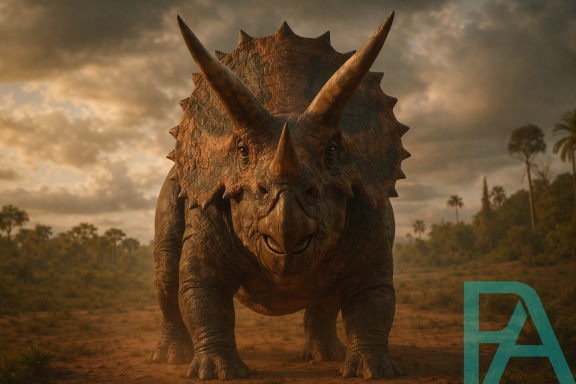 Cinematic frontview of a Triceratops with large horns, standing in a prehistoric landscape under warm evening light