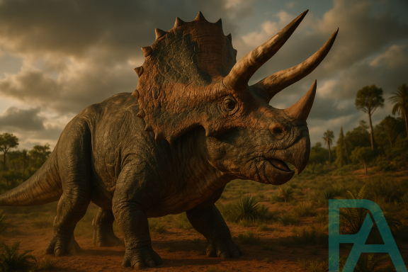 Cinematic side view of a Triceratops with large horns, standing in a prehistoric landscape under warm evening light