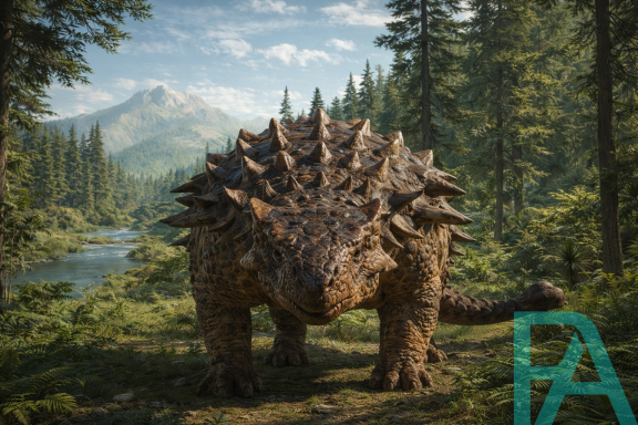 Cinematic frontview of an Ankylosaurus with thick body armor and a massive tail club, standing in a lush prehistoric landscape