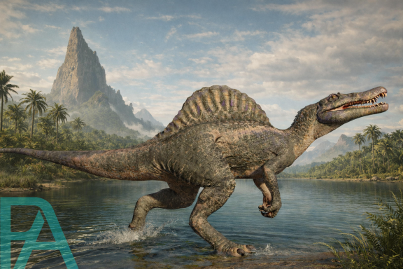 Cinematic sideview of a Spinosaurus walking through a prehistoric river, showing its tall sail and powerful semi-aquatic build