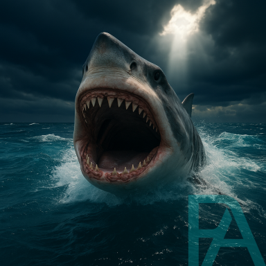 Cinematic Megalodon artwork bursting from the ocean with open jaws under dramatic storm clouds