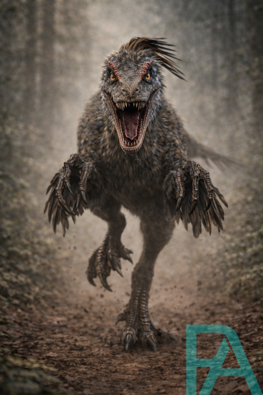 Hyperrealistic Velociraptor runs forward through a misty prehistoric forest, with feathers, sharp claws, and an intense gaze