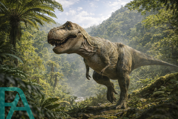 Hyper-realistic sideview of a T-Rex in a prehistoric forest, showing teeth, claws and massive body