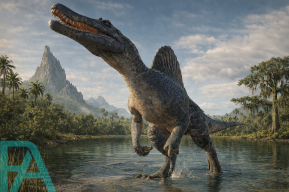 Cinematic frontview of a Spinosaurus walking through a prehistoric river, showing its tall sail and powerful semi-aquatic build