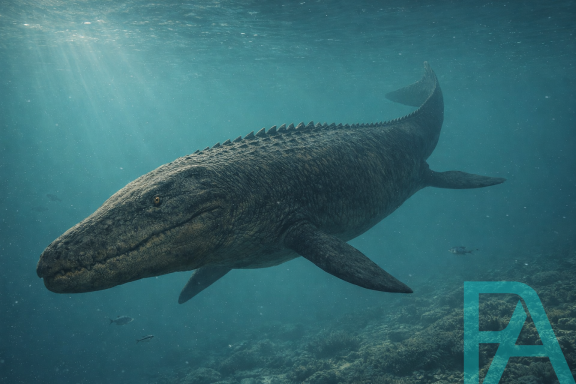 Formidable, Hyperrealistic Mosasaurus swimming just below the ocean surface, jaws closed, sunlight piercing through deep blue water