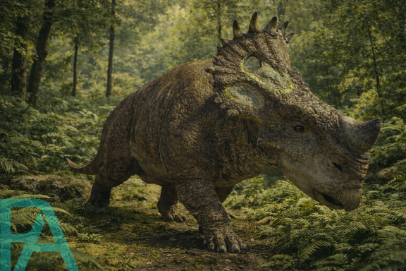 Hyper-realistic Sinoceratops with a horned frill standing in a lush prehistoric forest, super realistic reconstruction