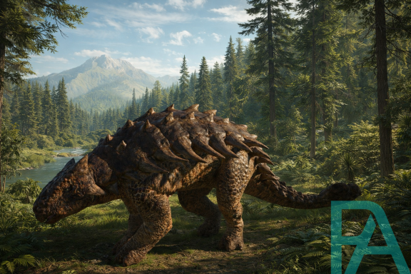 Cinematic sideview of an Ankylosaurus with thick body armor and a massive tail club, standing in a lush prehistoric landscape