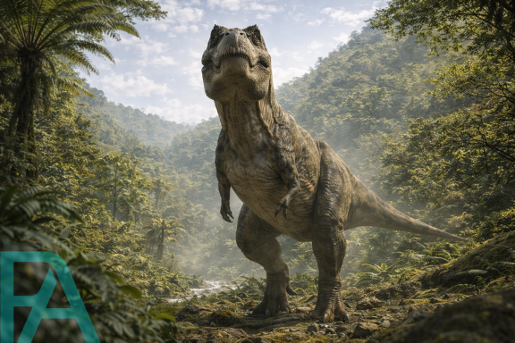 Hyper-realistic frontview of a T-Rex in a prehistoric forest. Stands observing, hungry for prey. Stands impressive with massive body