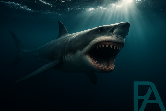 Cinematic Megalodon artwork from under the sea surface with open jaws