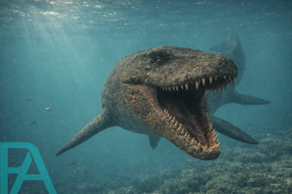 Formidable, Hyperrealistic Mosasaurus swimming just below the ocean surface, jaws open, sunlight piercing through deep blue water