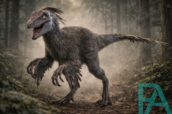 Hyperrealistic Velociraptor runs forward through a misty prehistoric forest, with feathers, sharp claws, and an intense gaze