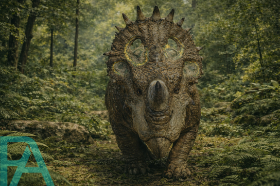 Hyper-realistic Sinoceratops with a horned frill standing in a lush prehistoric forest, super realistic reconstruction
