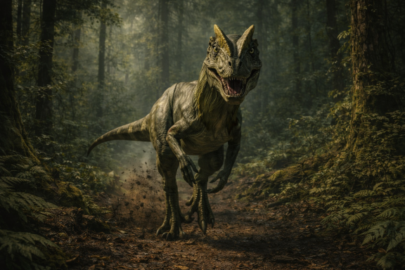 Cinematic frontview of a Dilophosaurus with twin crests, showing detailed skin texture and sharp teeth in a misty prehistoric forest